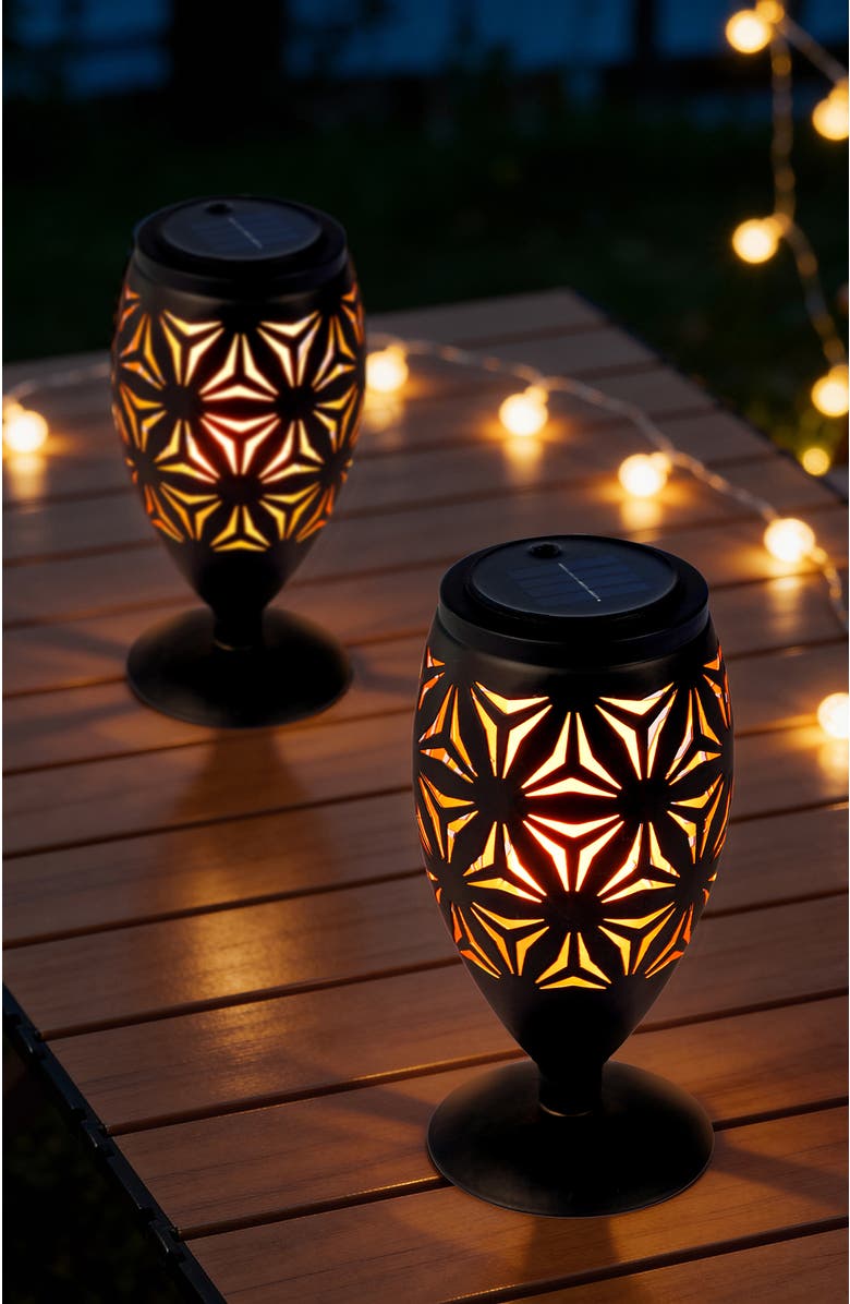 Glitzhome Set of 2 Metal Cutout Geometric Pattern Solar Powered Outdoor Lantern with LED Light, Alternate, color, Black