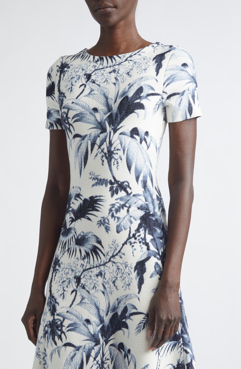 Oscar de la Renta Tonal Tropical Knit Midi Dress, Alternate, color, Navy/ Ivory