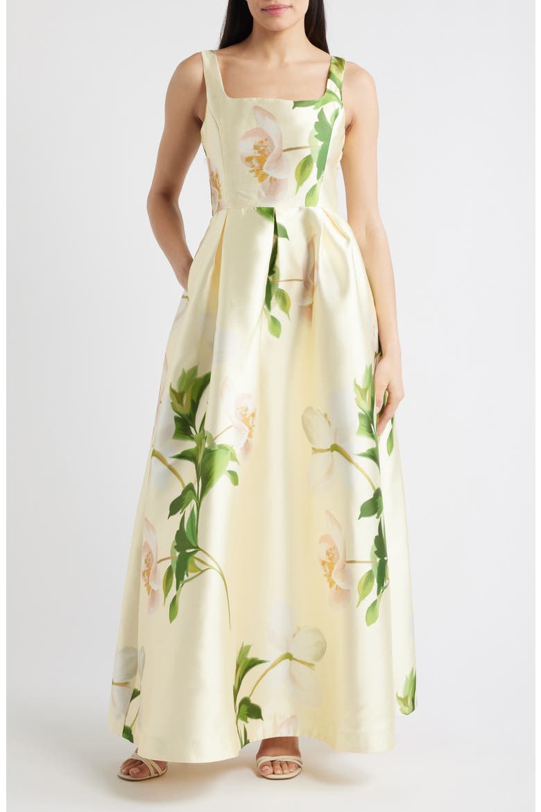 Floral Mikado Fit & Flare Gown, Main, color, YELLOW MULTI