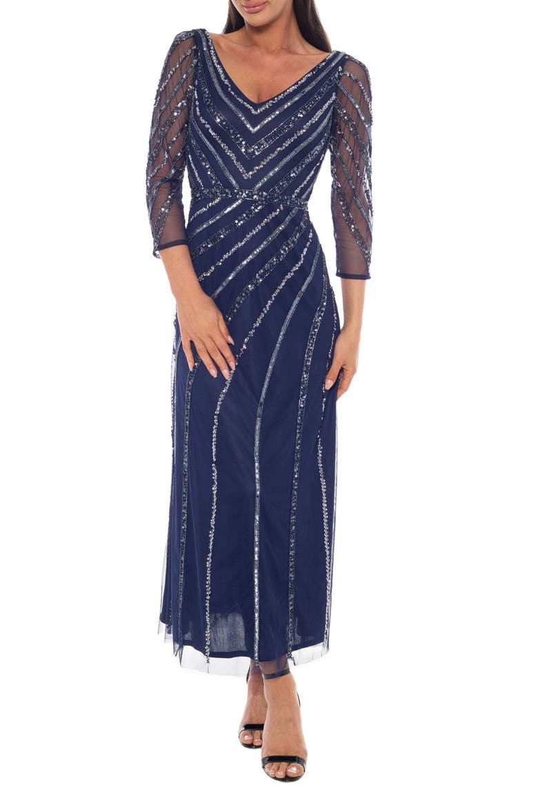 Sequin V-Neck Three-Quarter Sleeve Dress, Main, color, NAVY