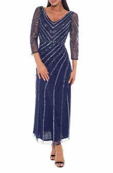 Oleg Cassini Sequin V-Neck Three-Quarter Sleeve Dress