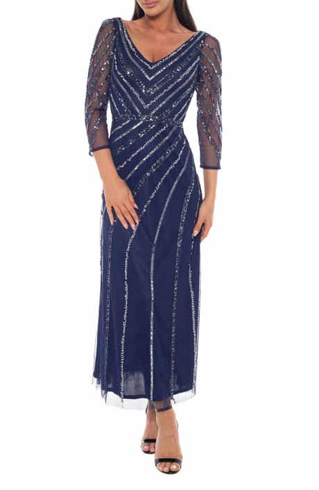 Oleg Cassini Sequin V-Neck Three-Quarter Sleeve Dress