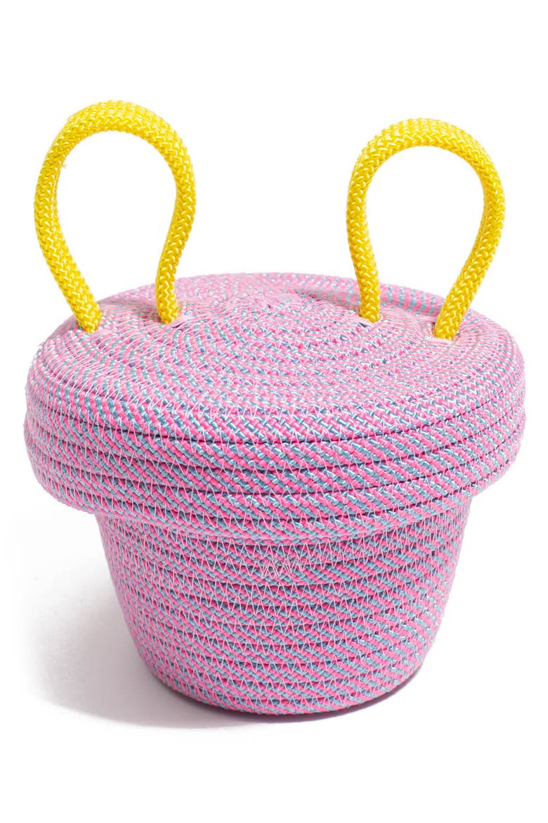 Mini Lidded Storage Basket, Main, color, PINK BLUE STRIPE/ YELLOW