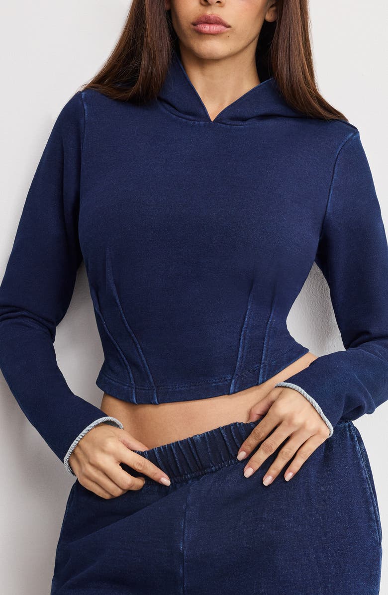 Good American Jeanius Crop Corset French Terry Hoodie, Main, color, Indigo1029