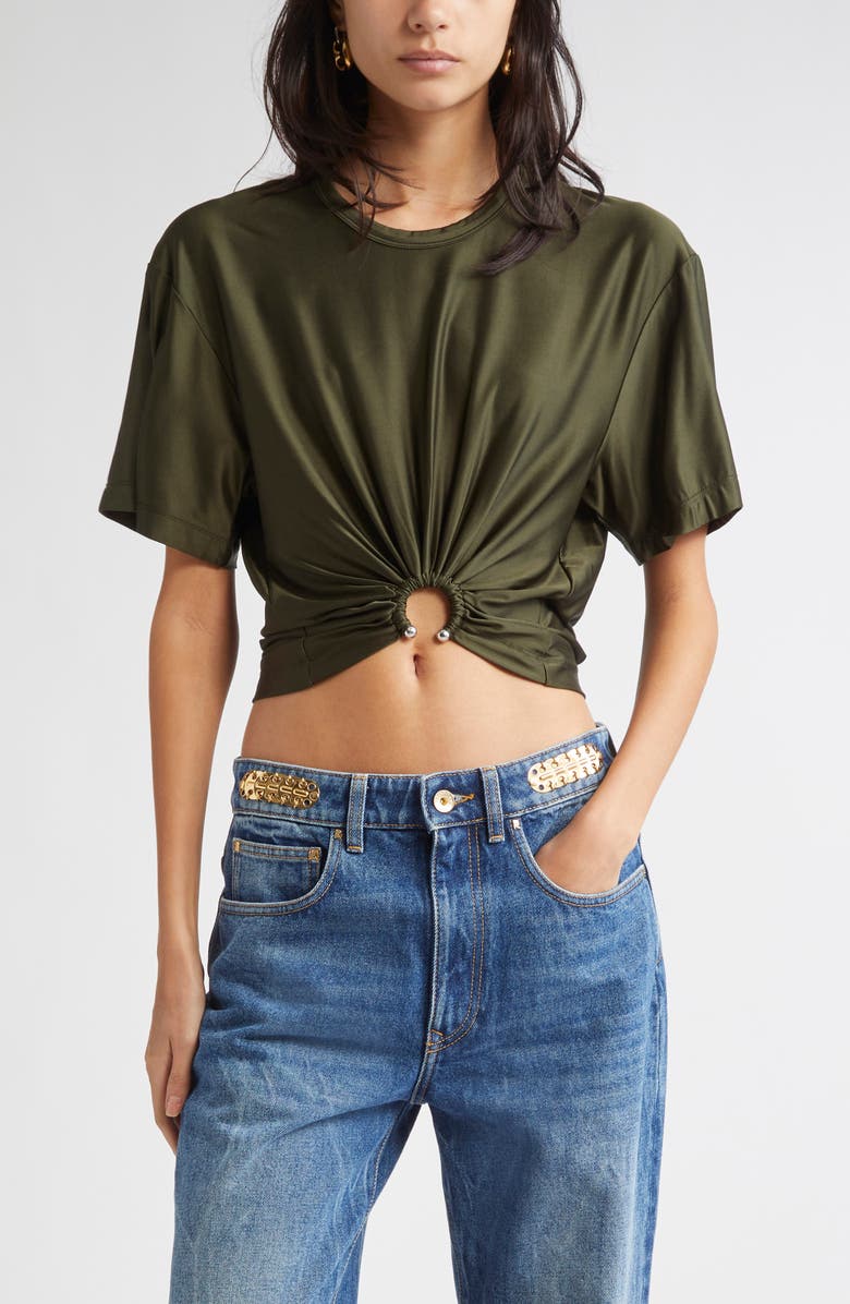 Rabanne Piercing Ring Satin Jersey Crop T-Shirt, Main, color, New Kaki