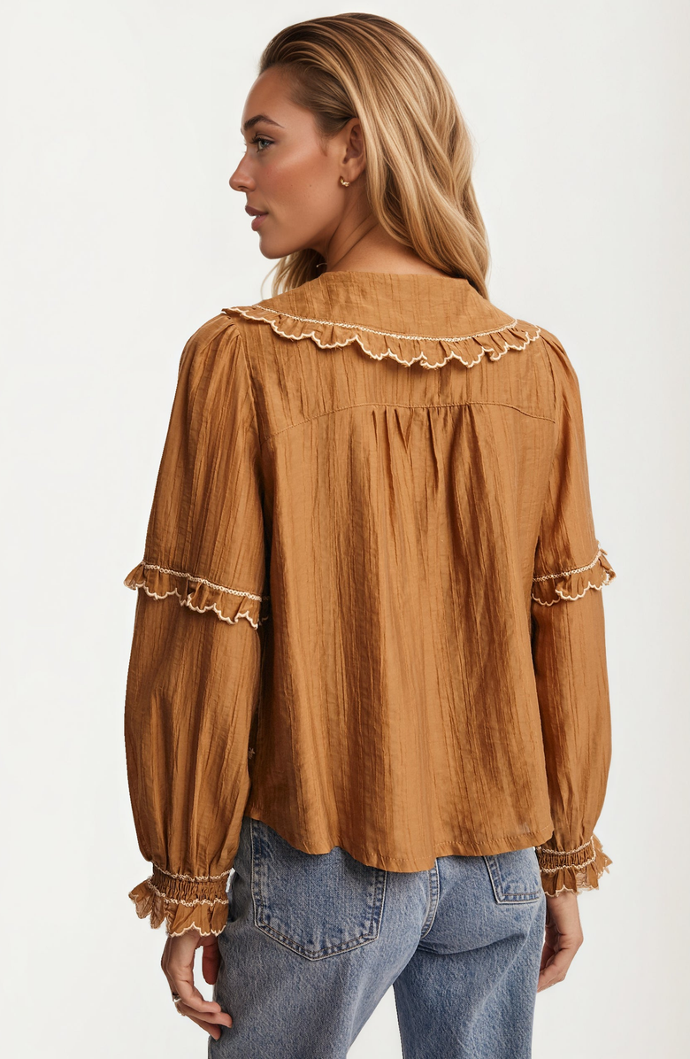 Knit and Lounge Ruffled Collar Embroidered Long Sleeve Blouse, Alternate, color, 