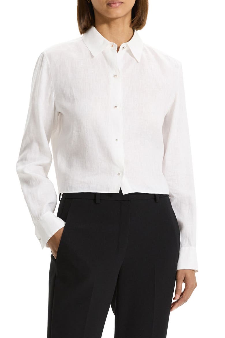 Tapered Long Sleeve Crop Linen Button-Up Shirt, Main, color, WHITE