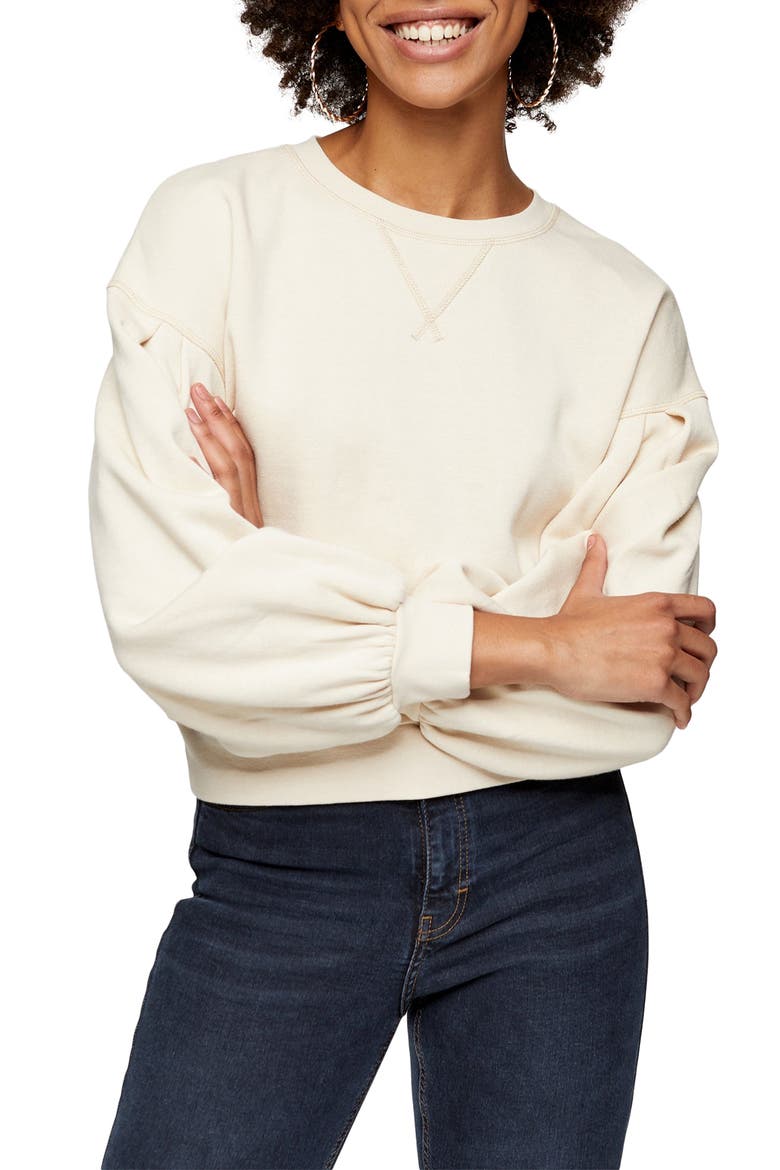 Pleated Sleeve Sweatshirt, Main, color, CREAM