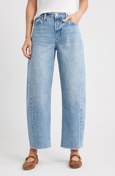 Raw Hem High Waist Ankle Barrel Leg Jeans (Vintage Whisker)