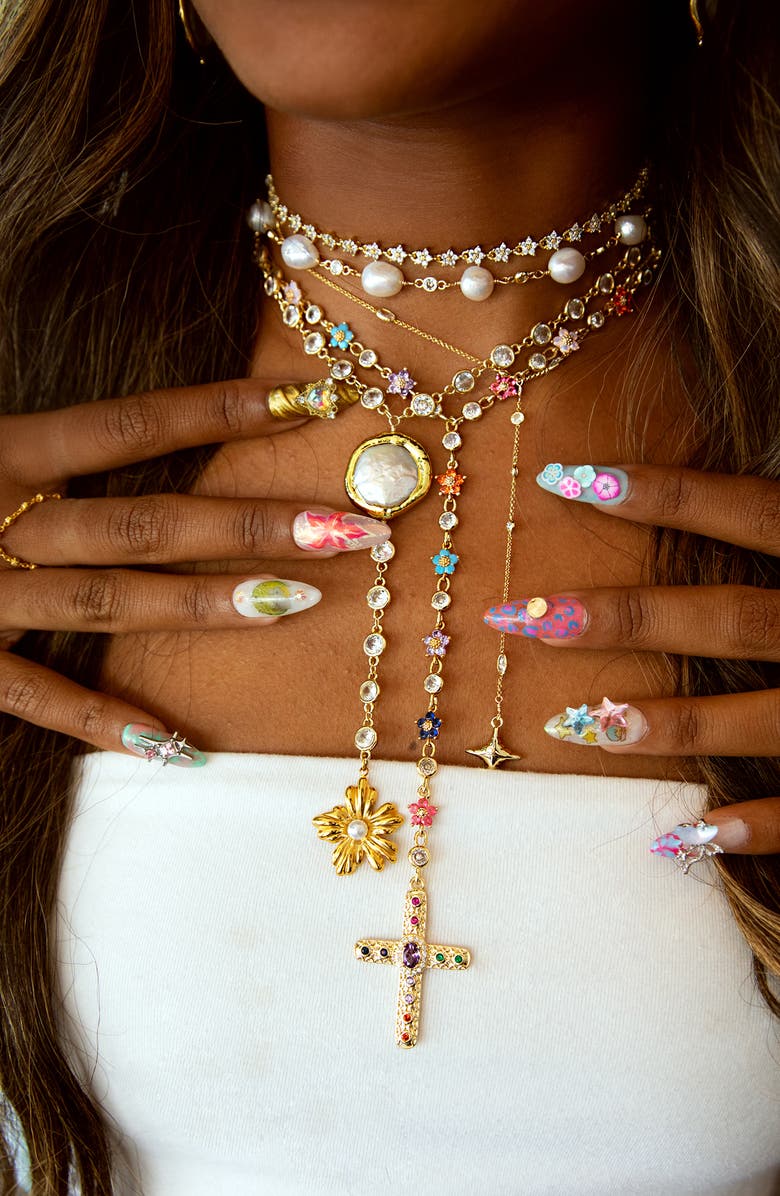 VIDAKUSH Hibiscus Freshwater Pearl Y-Necklace, Alternate, color, Gold