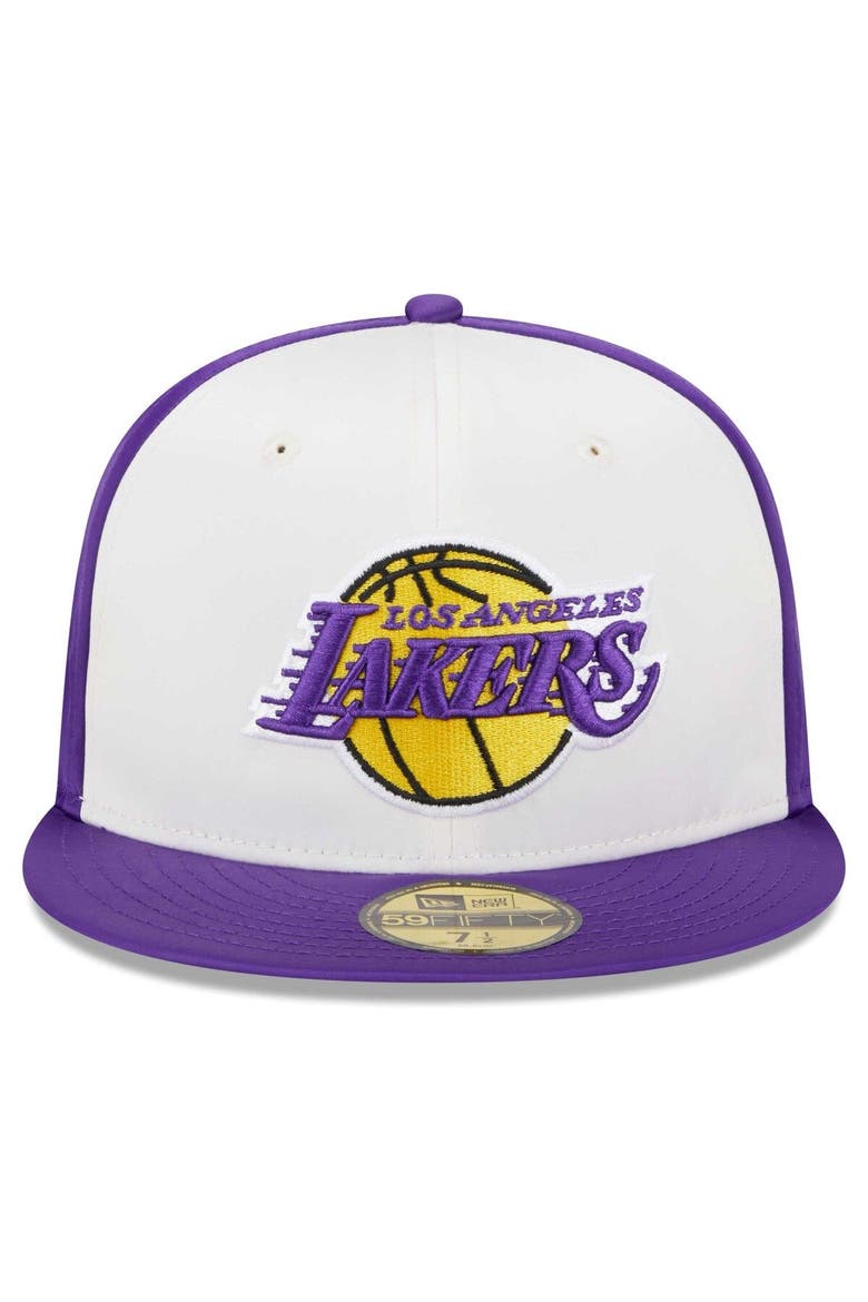 Men's New Era  White Los Angeles Lakers Throwback Satin 59FIFTY Fitted Hat, Alternate, color, White