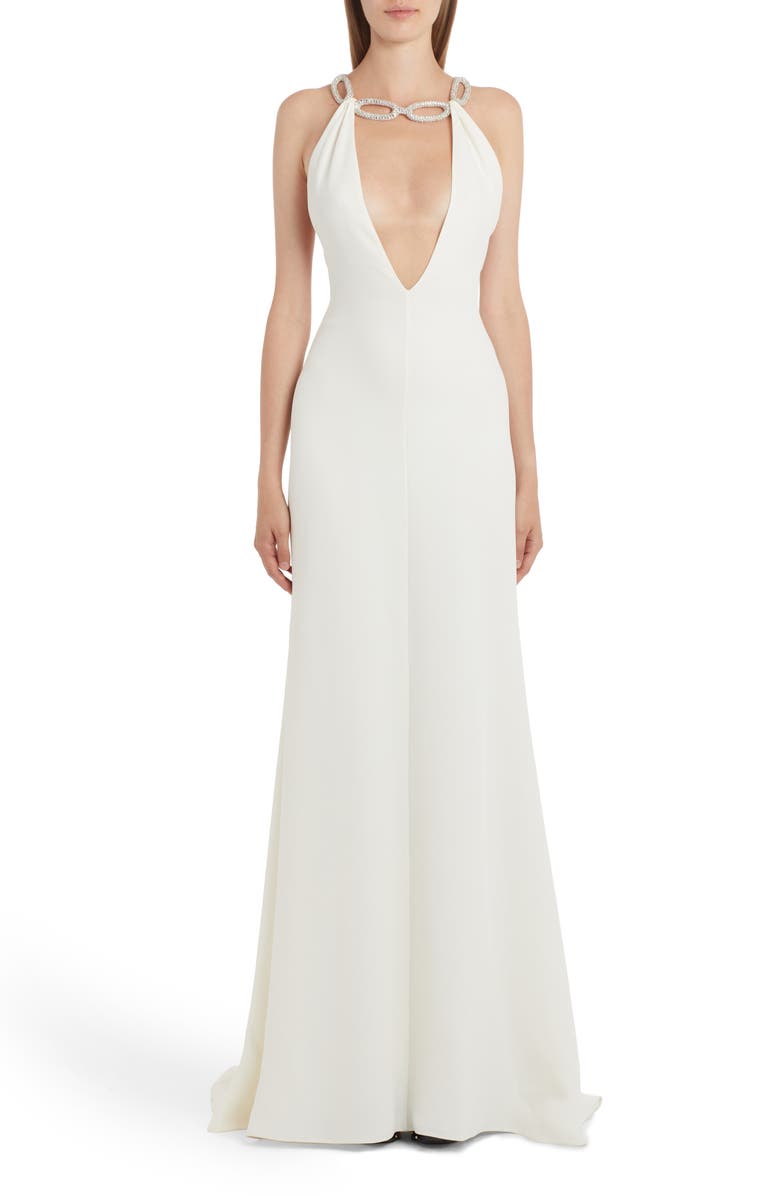 Valentino Garavani Crystal Strap Plunge Neck Silk Gown, Main, color,