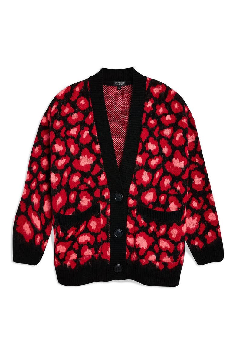 Leopard Print Cardigan, Alternate, color, RED