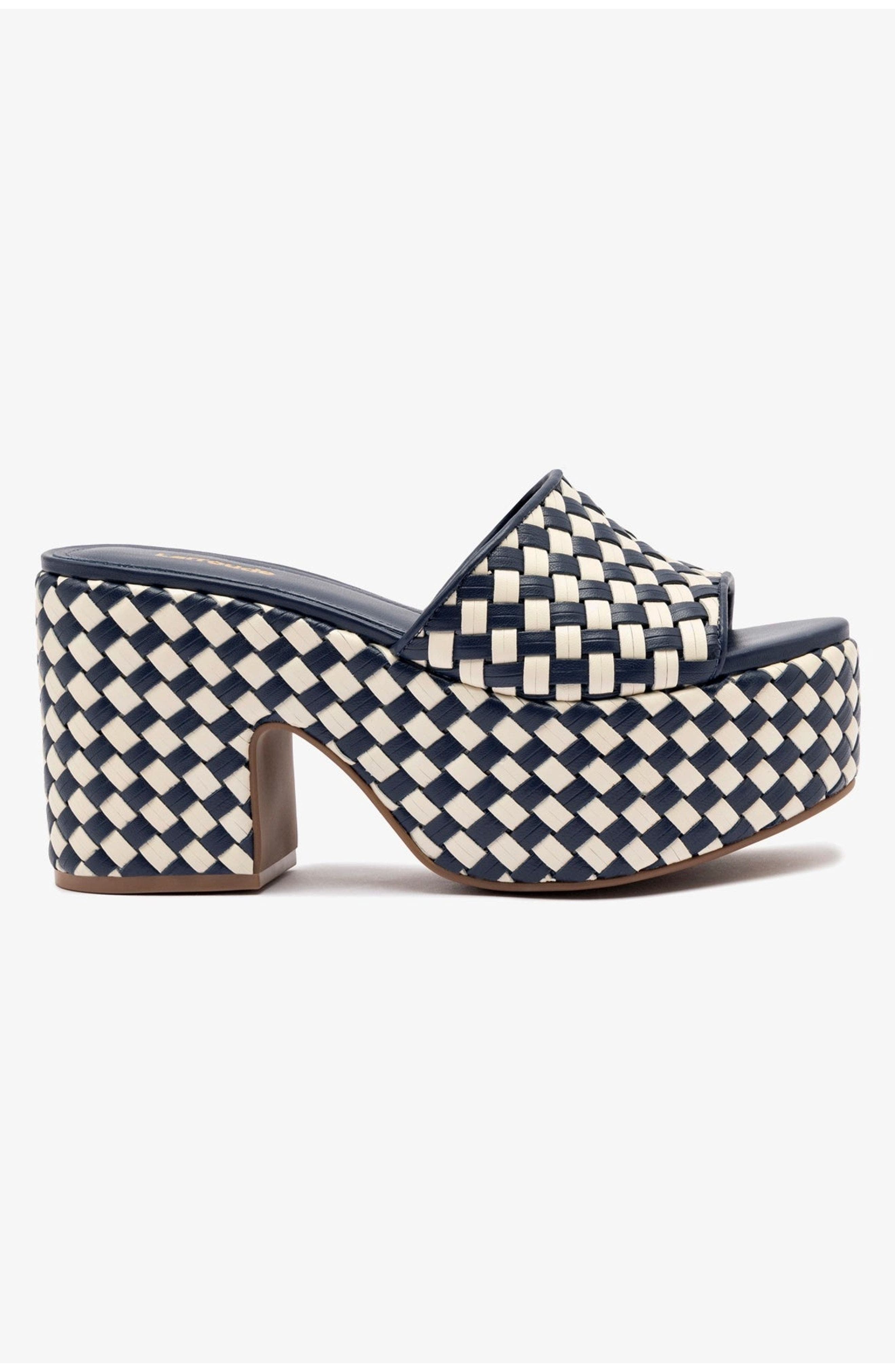 Larroudé Miso Platform Sandal In Navy and Ivory Leather, Main, color, 