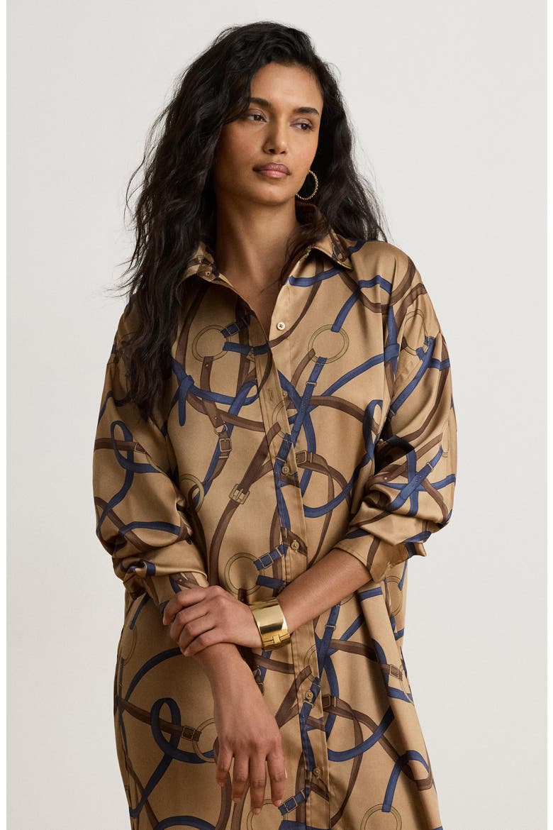 Belt Print Long Sleeve Twill Shirtdress, Alternate, color, CAMEL BEIGE