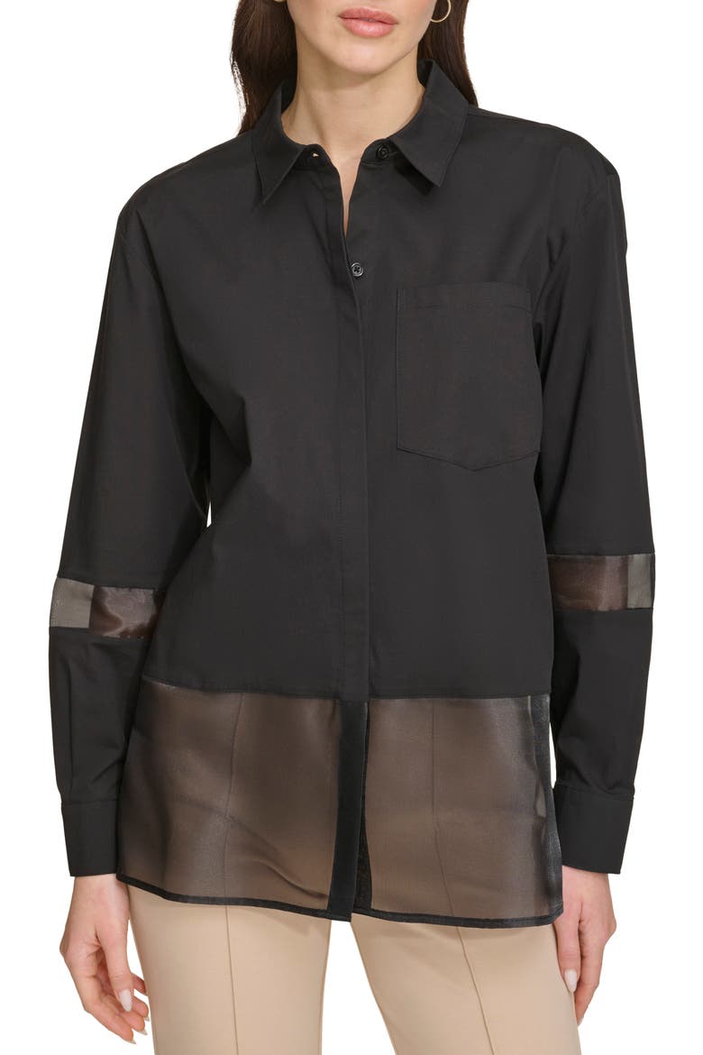 Mixed Media Button-Up Shirt, Main, color, BLACK