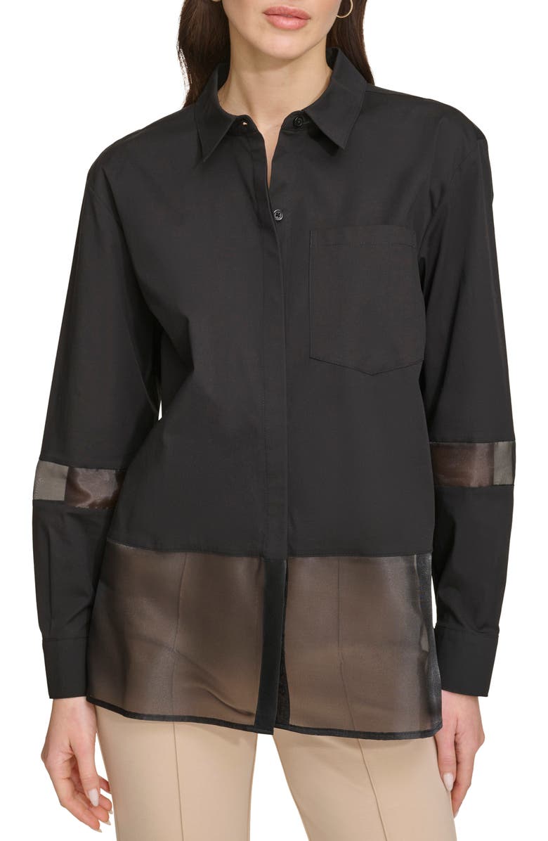 DKNY Mixed Media Button-Up Shirt, Main, color,