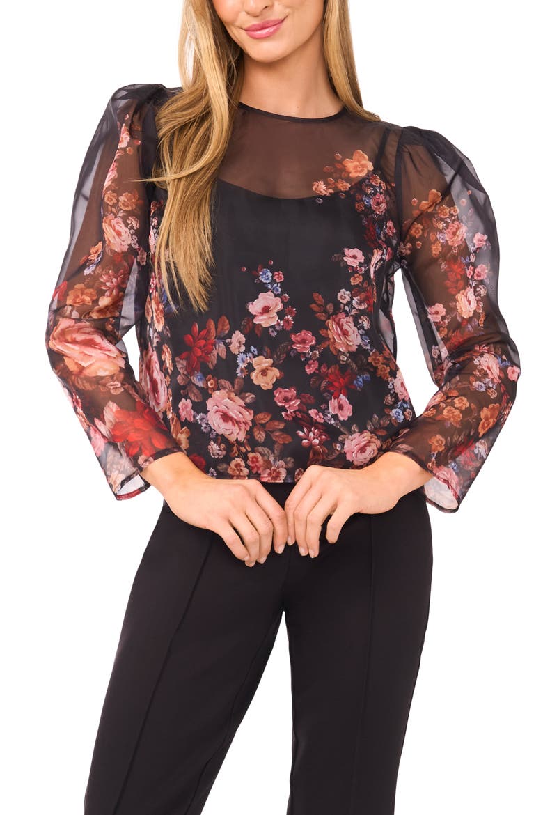 Floral Long Sleeve Organza Top, Main, color, RICH BLACK