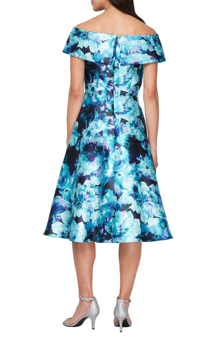 Alex Evenings Printed Mikado Off the Shoulder Cocktail Dress, Alternate, color, Aqua Multi