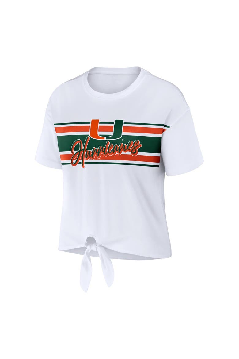 Women's WEAR by Erin Andrews White Miami Hurricanes Striped Front Knot Cropped T-Shirt, Alternate, color, White