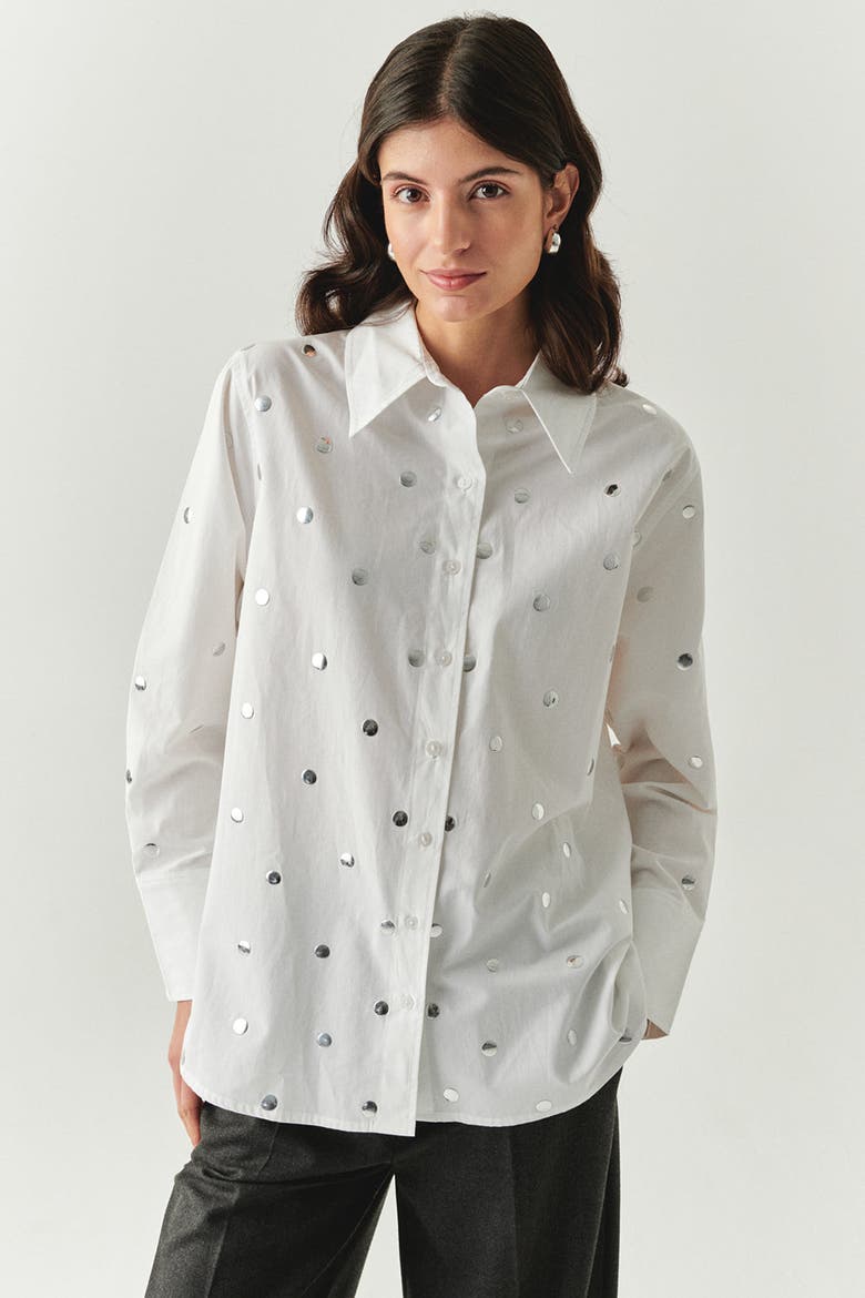 Murphy Long Sleeve Shirt With Metallic Sequin Button Details, Alternate, color, ECRU