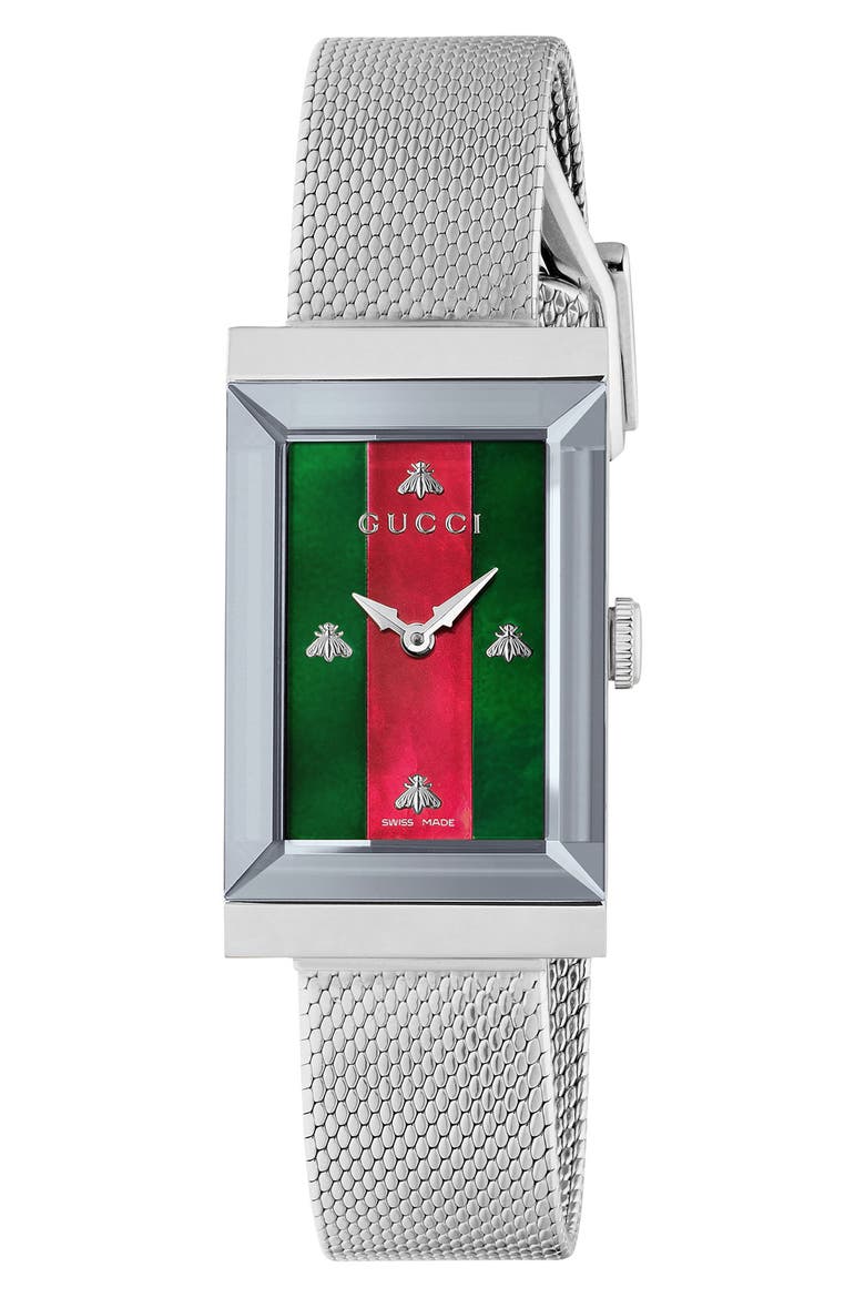 G-Frame Mesh Strap Watch, 21mm x 34mm, Main, color, SILVER/GREEN/RED