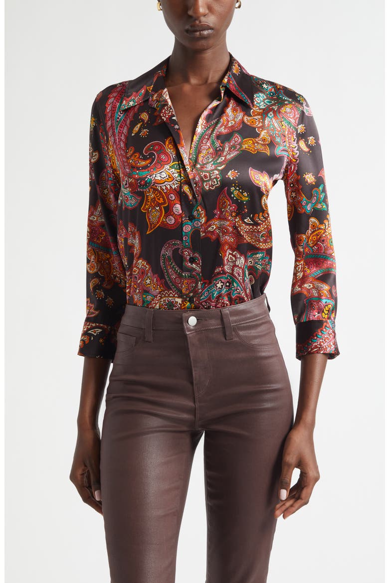 Dani Paisley Three-Quarter Sleeve Silk Button-Up Shirt, Main, color, BLACK MULTI PAISLEY SCROLL