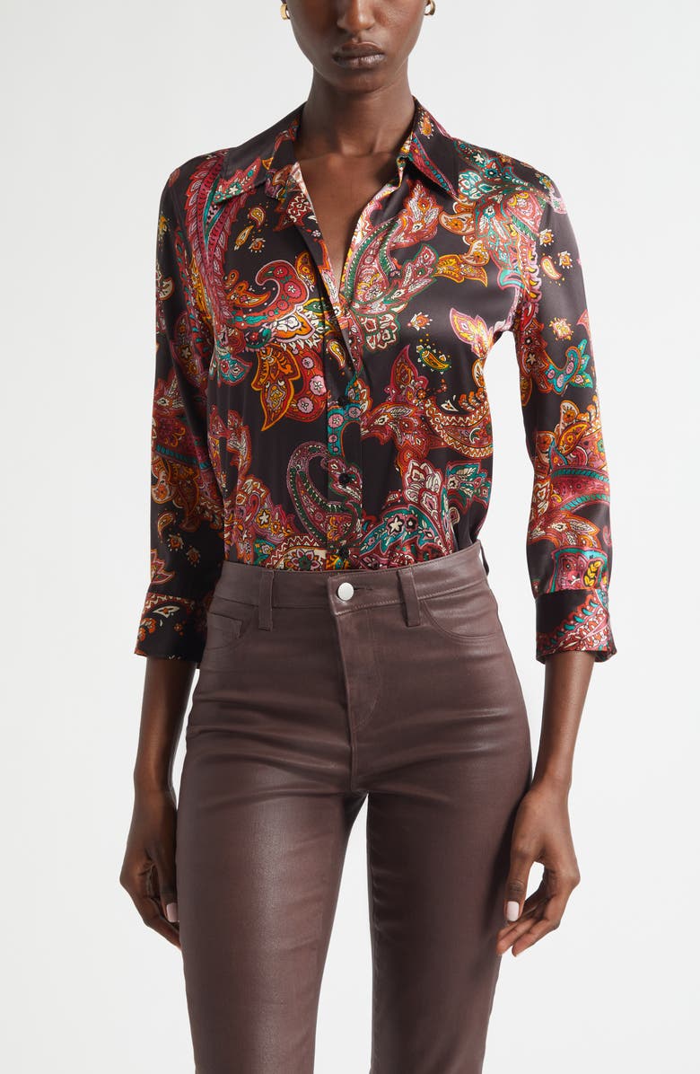 L'AGENCE Dani Paisley Three-Quarter Sleeve Silk Button-Up Shirt, Main, color, Black Multi Paisley Scroll