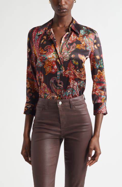 Dani Paisley Three-Quarter Sleeve Silk Button-Up Shirt