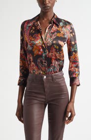 L'AGENCE Dani Paisley Three-Quarter Sleeve Silk Button-Up Shirt