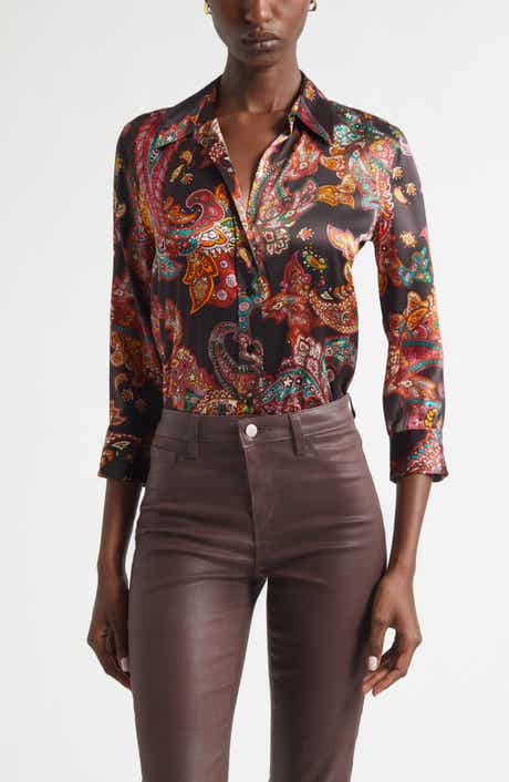 L'AGENCE Dani Paisley Three-Quarter Sleeve Silk Button-Up Shirt