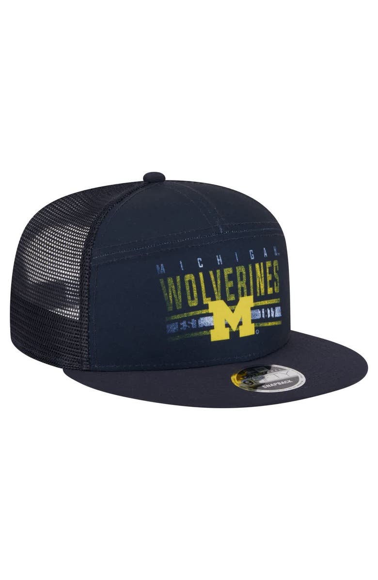 New Era Men's New Era Navy Michigan Wolverines Split Panel 9FIFTY Snapback Trucker Hat, Alternate, color,