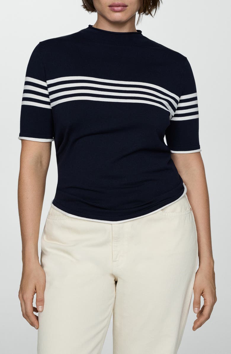MANGO Stripe Short Sleeve Sweater, Alternate, color, Dark Navy