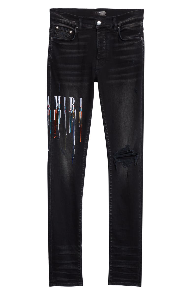 AMIRI Paint Drip Logo Ripped Skinny Jeans, Alternate, color, 