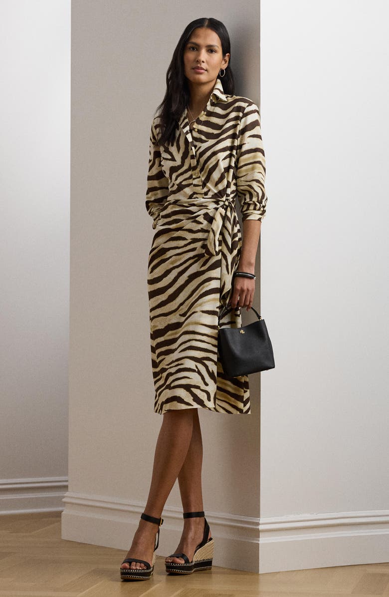 Lauren Ralph Lauren Zebra Print Tie Waist Long Sleeve Crepe Shirtdress, Alternate, color, Cream/ Brown
