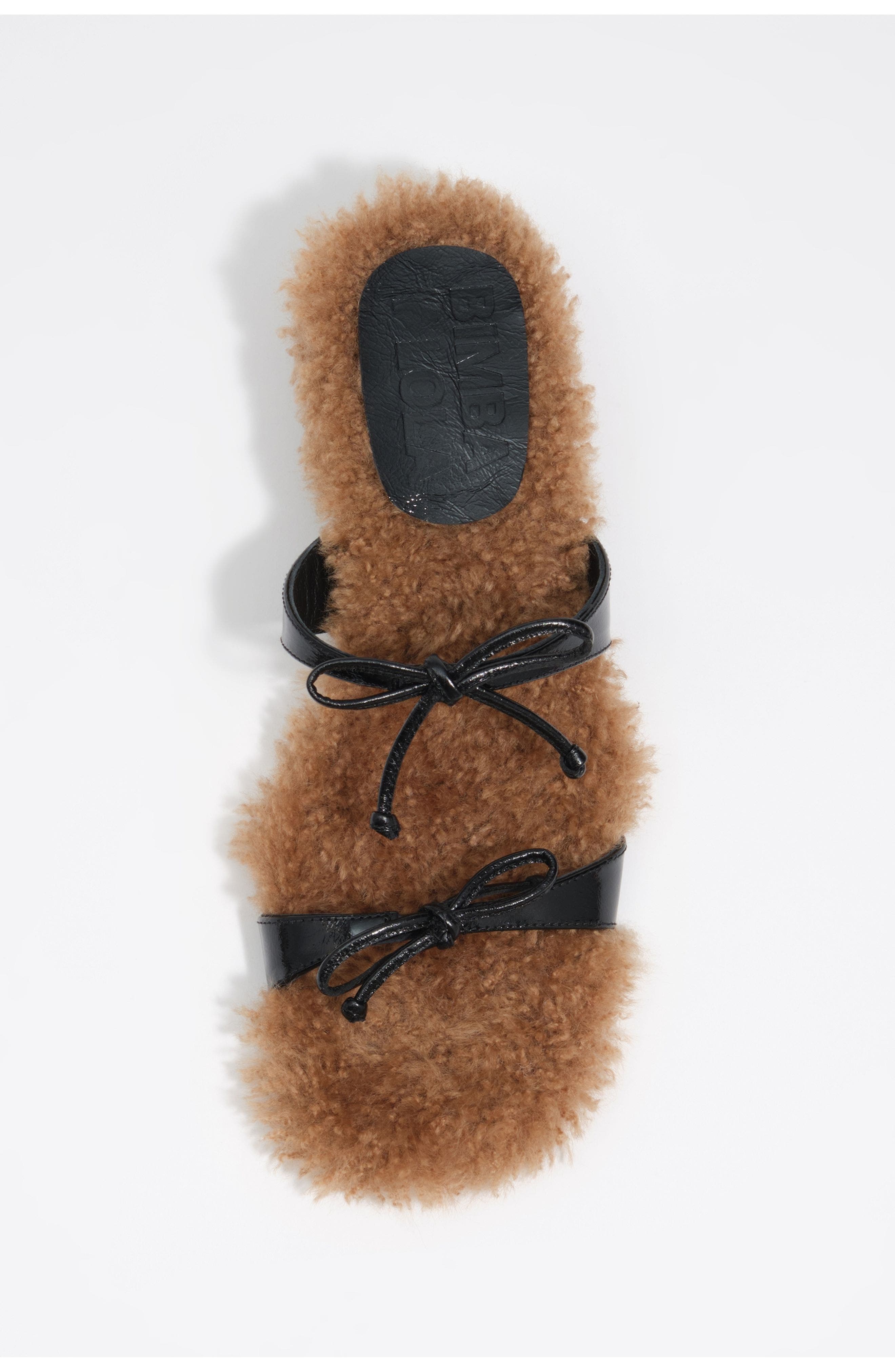 Leather Fur Heeled Sandal with Bows, Alternate, color, BLACK