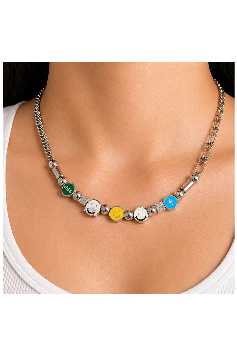 Smiley Charm Necklace, Alternate, color, SILVER