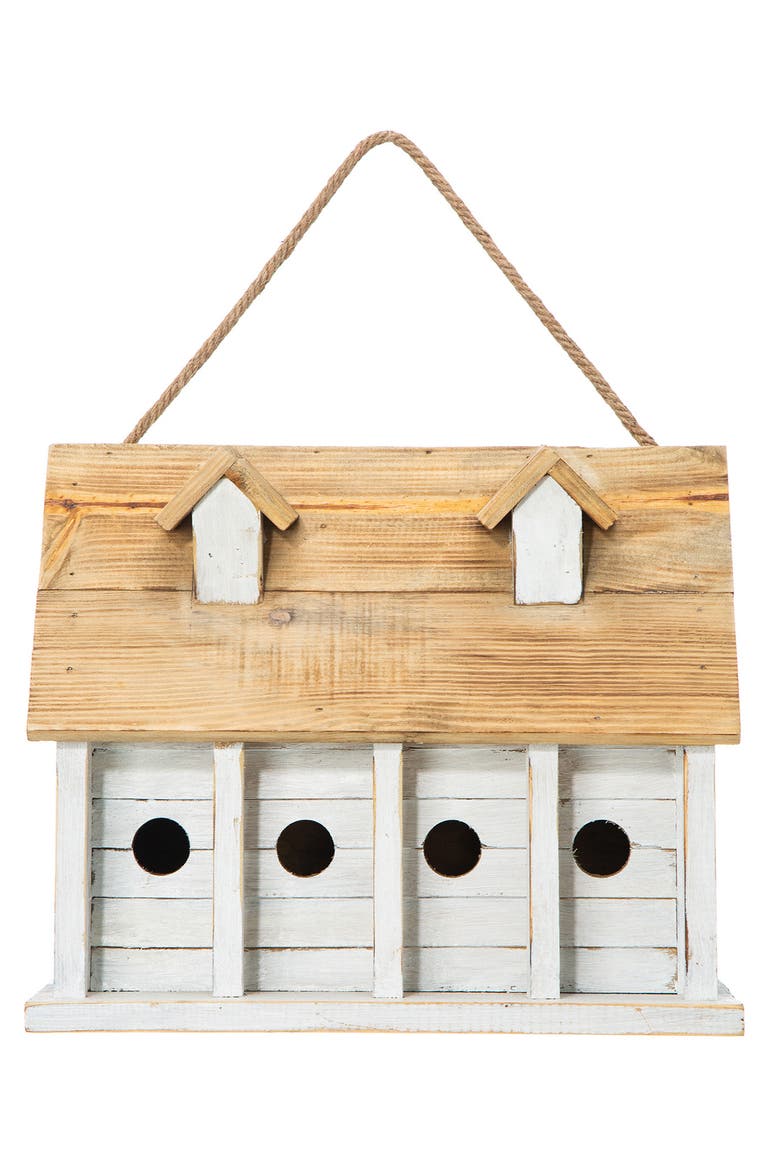 14.25"L Oversized Distressed Solid Wood Cottage Birdhouse with Natural Wood Roof, Main, color, White