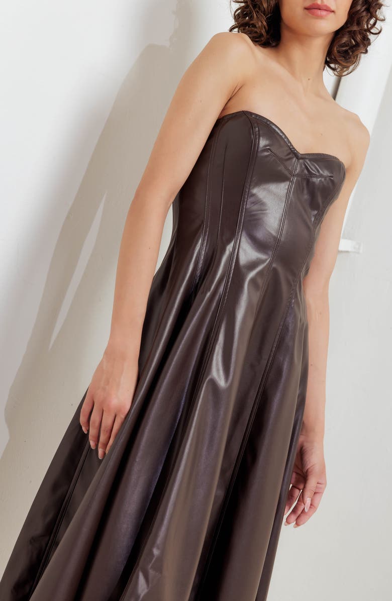 FREEMARKET Strapless Faux Leather Midi Dress, Alternate, color, Chocolate