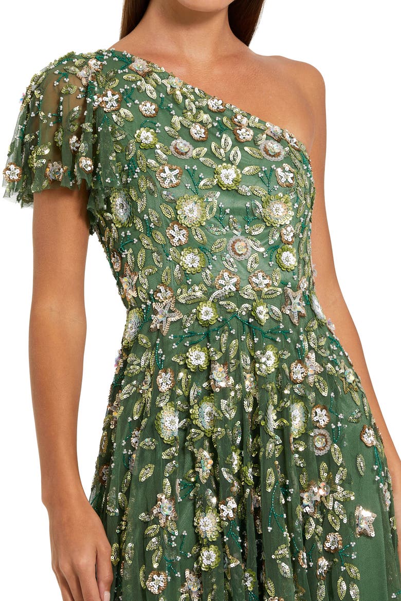 Floral Embellished Mesh One Shoulder Gown, Alternate, color, Sage