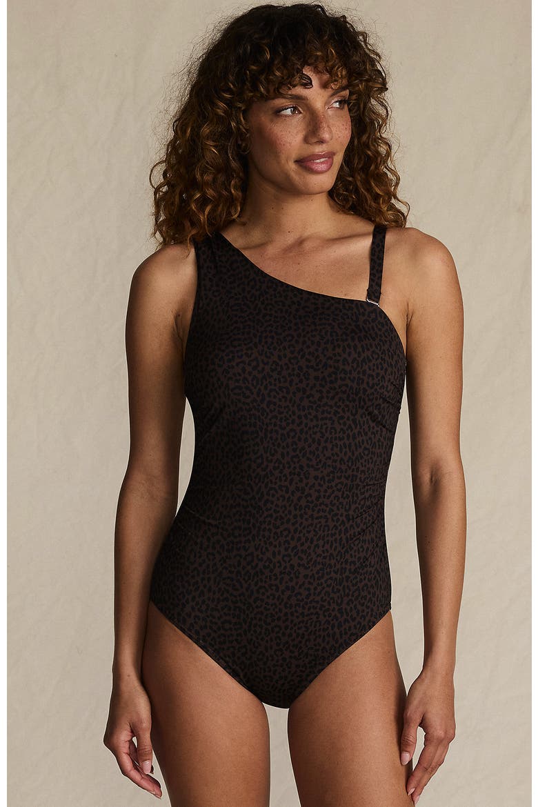 Womens Chlorine Resistant Shirred One Shoulder One Piece Swimsuit Removable Adjustable Strap, Main, color, Brown Leopard