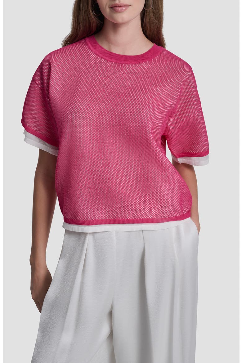 Boxy Mesh Overlay Top, Main, color, HOT PINK/IVORY