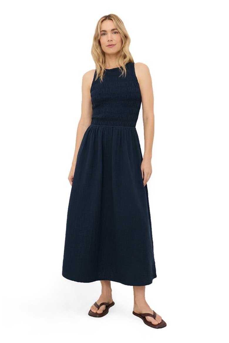 Organic Cotton Coastal Double Gauze Smocked Dress, Main, color, Navy Blue