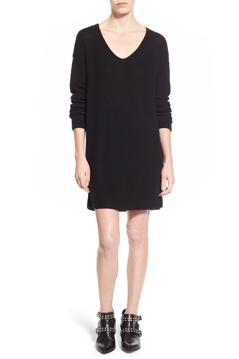 V-Neck Sweater Dress, Main, color, BLACK