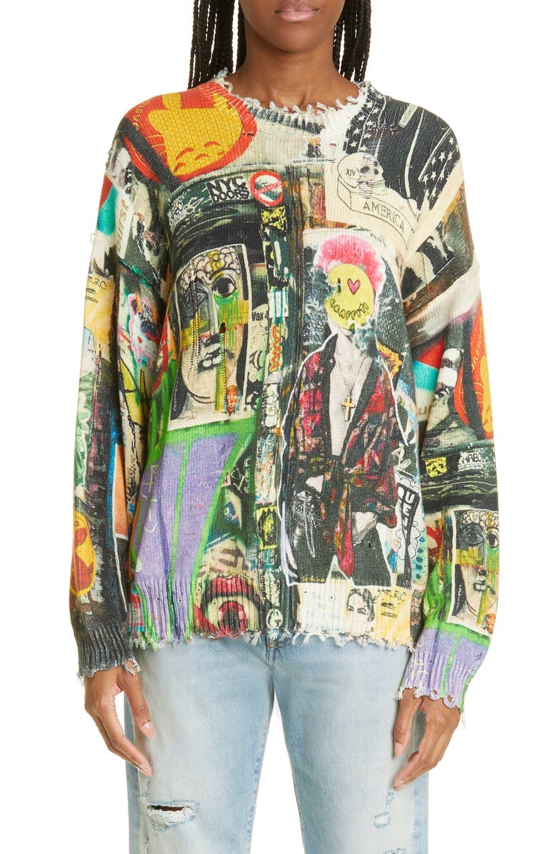 R13 Distressed Crosby & Broome Graffiti Oversize Cotton Sweater, Main, color,