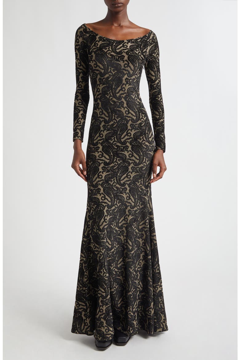 Long Sleeve Metallic Paisley Chenille Gown, Main, color, ORO