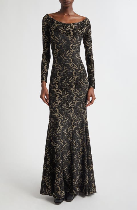 Long Sleeve Metallic Paisley Chenille Gown