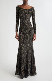 Etro Long Sleeve Metallic Paisley Chenille Gown