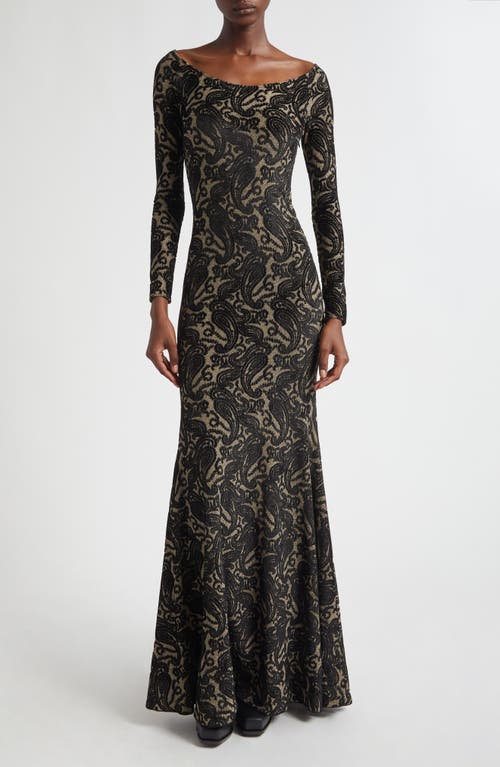 Etro Long Sleeve Metallic Paisley Chenille Gown In Black