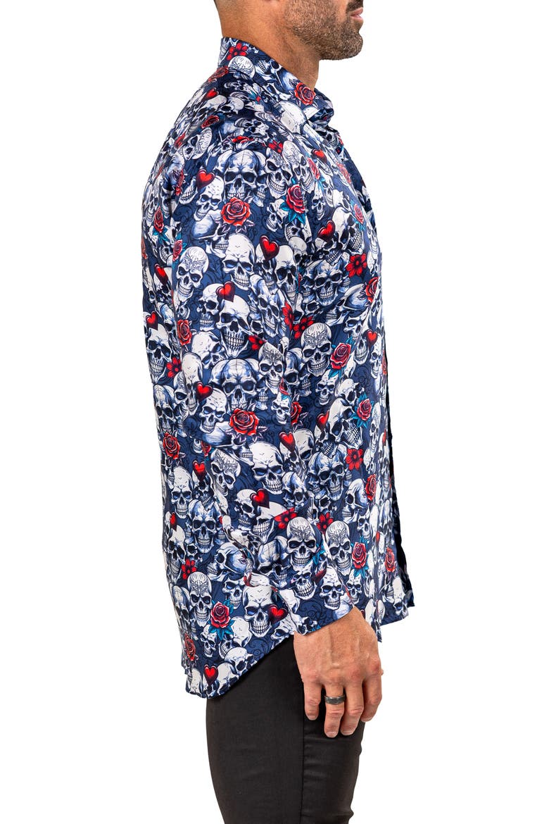 Fibonacci Mathyr0242 Blue Skull Print Button-Up Shirt, Alternate, color, BLUE